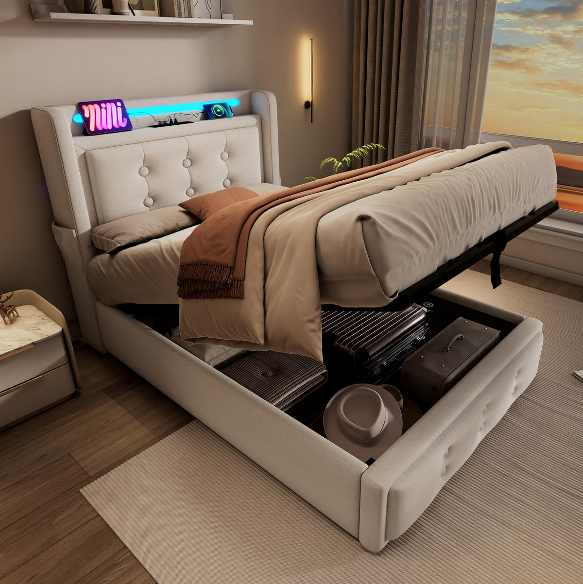 POLSTERBETT 90/200 cm Beige aus Baumwoll-Leinen mit LED und Ladefunktion - Beige, Textil (90/200cm) - OKMYHOME