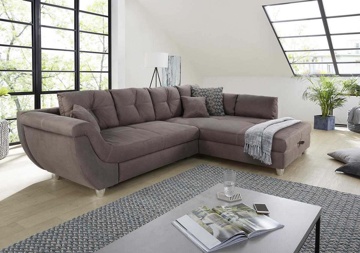 ECKSOFA mit Schlaffunktion und großem Bettkasten, seitenverkehrt montierbar B330/T207/H90 cm, Liegefl. 153x270 cm, Mikrofaser Braun / 15231 - Chromfarben/Braun, Kunststoff/Textil (330/207cm) - luma-home