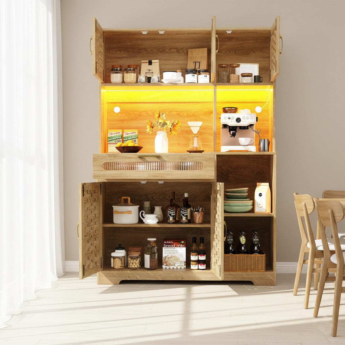 HIGHBOARD Holzoptik Natur mit LED & Geflochtenen Glastüren - Eiche San Remo, Glas/Holzwerkstoff (120/180/40cm) - Urban Meuble