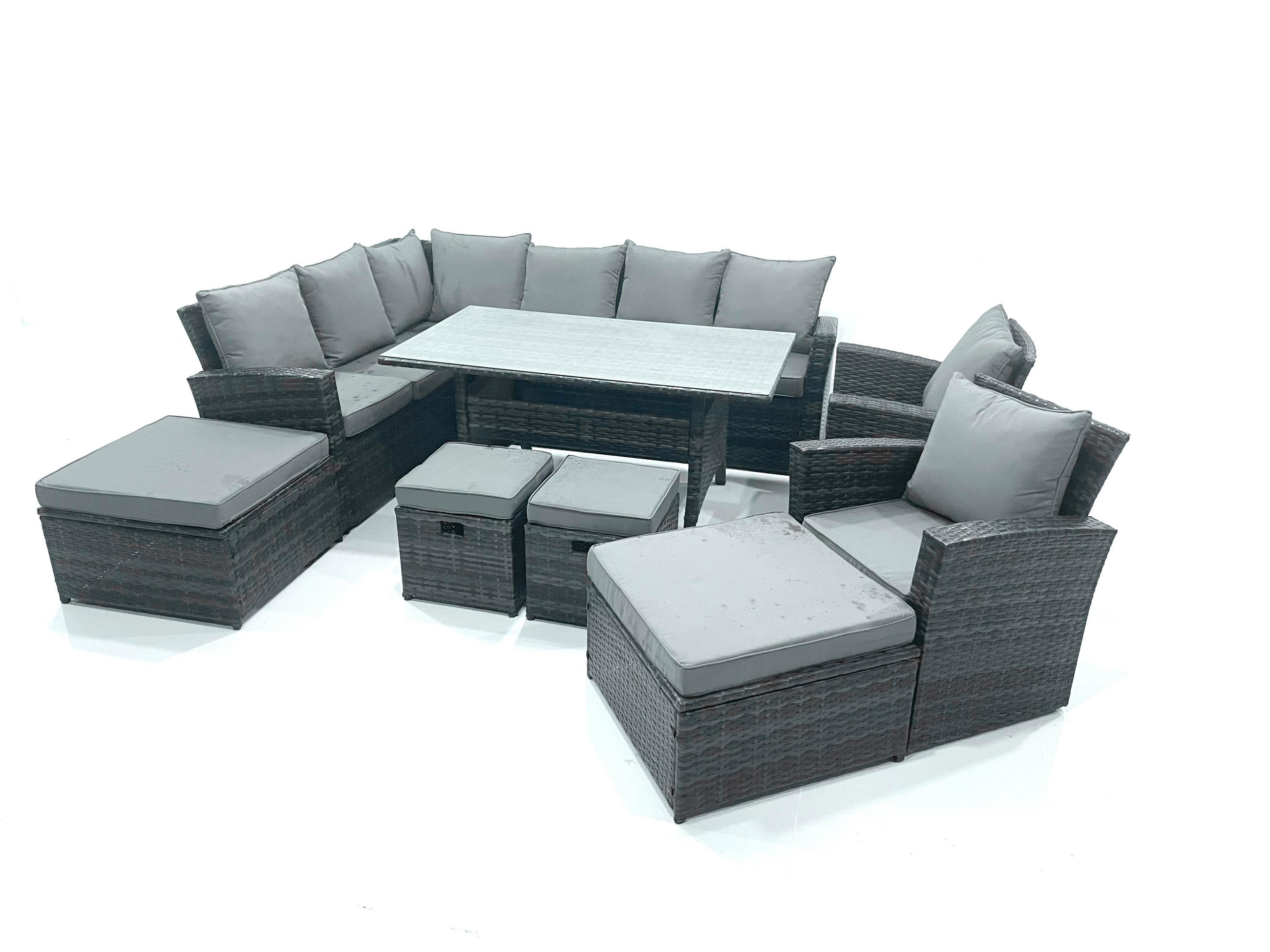 GARTENLOUNGE mit Ecksofa Polyrattan Dunkelgrau 12-Sitzer - Dunkelgrau/Grau, Glas/Kunststoff - Fimous