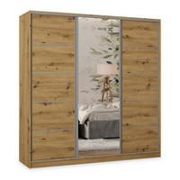 SCHWEBETÜRENSCHRANK PINA 180/205/58 cm 3-türig mit Spiegel und Schubladen Eiche Artisan - Silberfarben/Eiche Artisan, Holzwerkstoff (180/205/58cm) - MASSENO