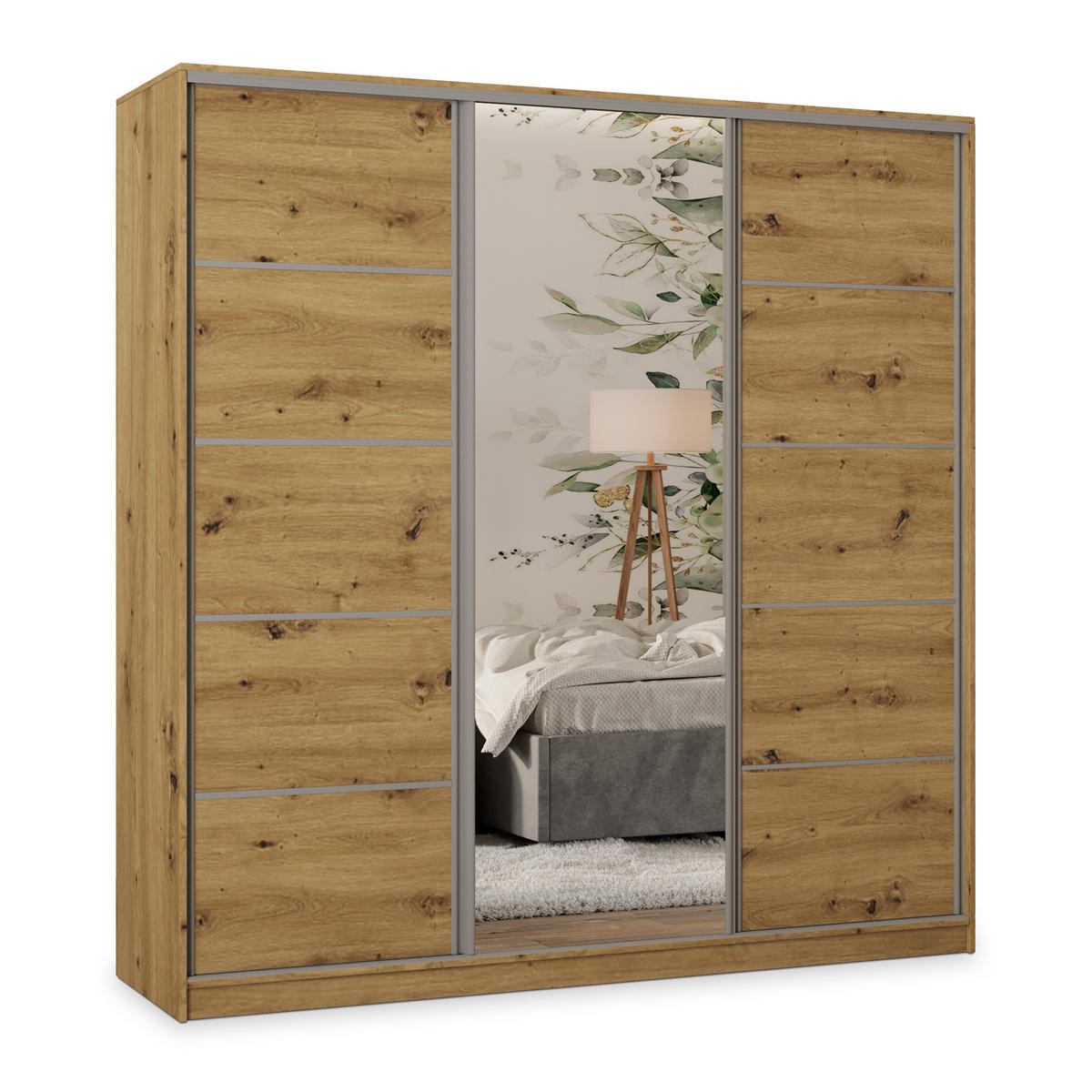 SCHWEBETÜRENSCHRANK PINA 180/205/58 cm 3-türig mit Spiegel und Schubladen Eiche Artisan - Silberfarben/Eiche Artisan, Holzwerkstoff (180/205/58cm) - MASSENO
