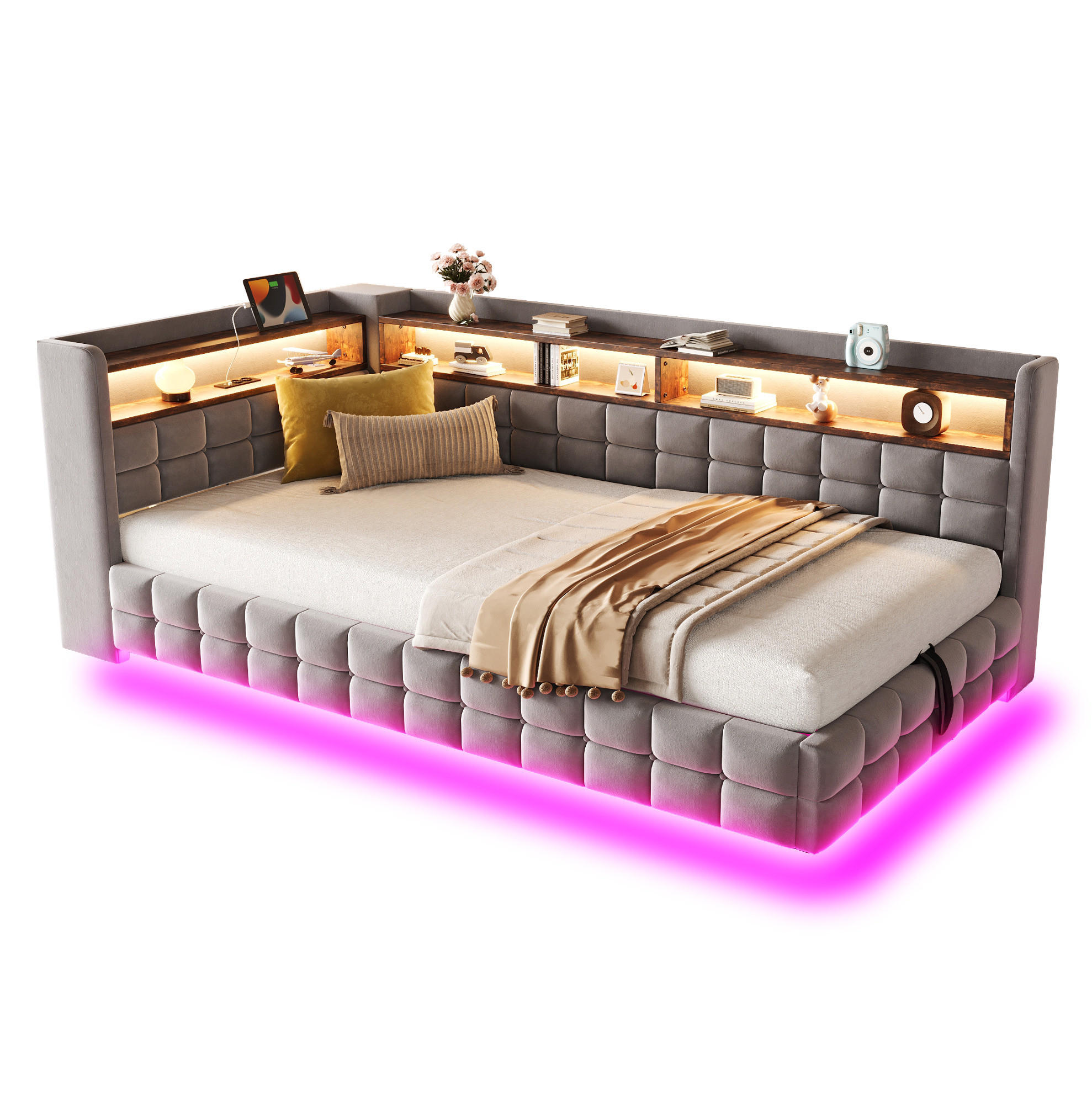 SCHLAFSOFA aus Samtstoff 90x200 cm Hellgrau mit Stauraum, LED-Beleuchtung und Ladeanschlüssen - Hellgrau, Textil (90/200cm) - IVMEU