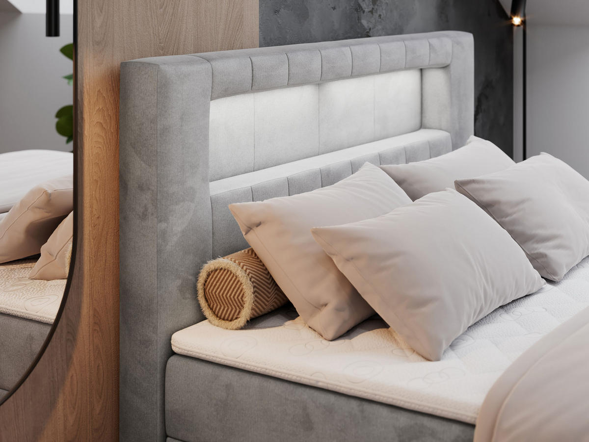 BOXBETT GOLD-5 LED 200/200 Hellgrau Velvet - H3 - Hellgrau, Holz/Textil (200/200cm) - MKS