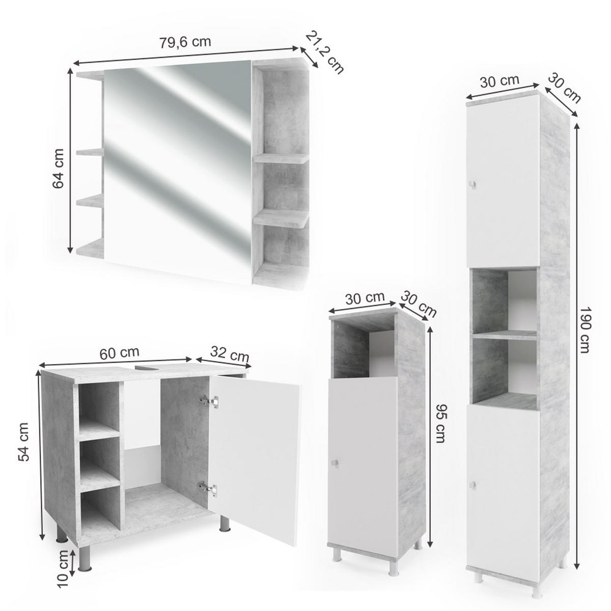 BADMÖBEL-SET Fynn Beton 4 Teile - Schieferfarben/Weiß, Holzwerkstoff (60/54/32cm) - Vicco
