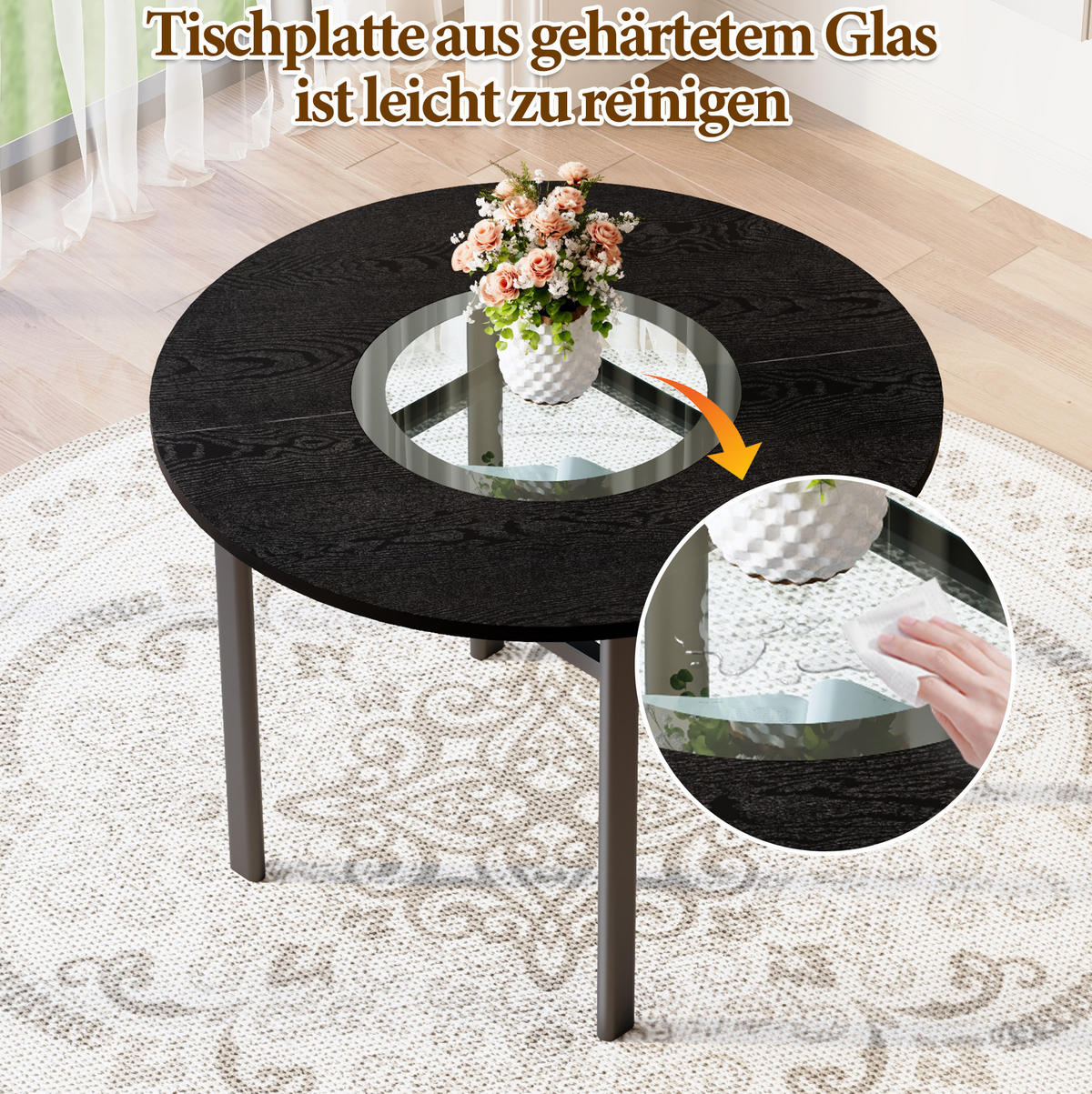 JÍDELNÍ stůl 100 cm s deskou z MDF a tvrzeným sklem, kovová stabilní konstrukce, Černá - černá, kompozitní dřevo (100/100/76cm) - Redom