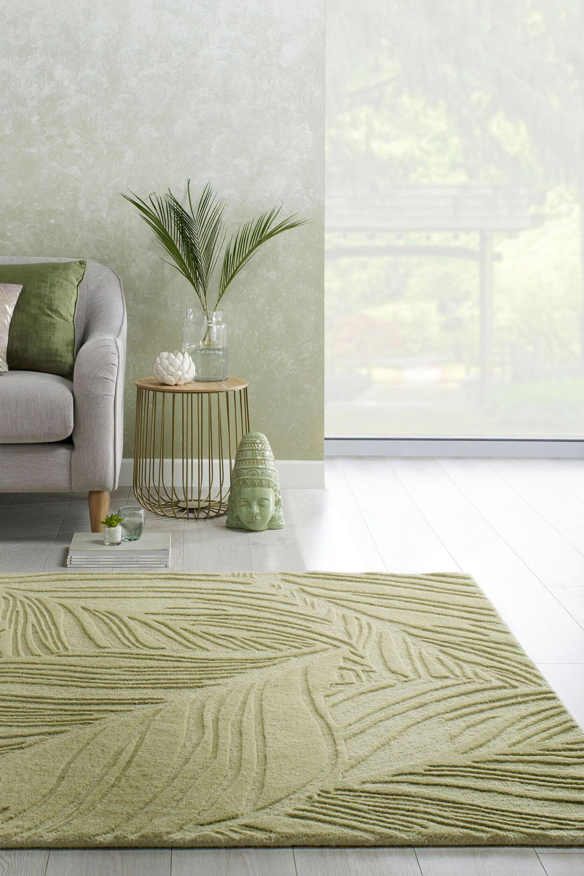 WOLLTEPPICH Blatt-Design, handgetuftet LEVEN LEE, Grün-Beige 160x230 cm - Grün, Textil (160/230cm) - KADIMA DESIGN