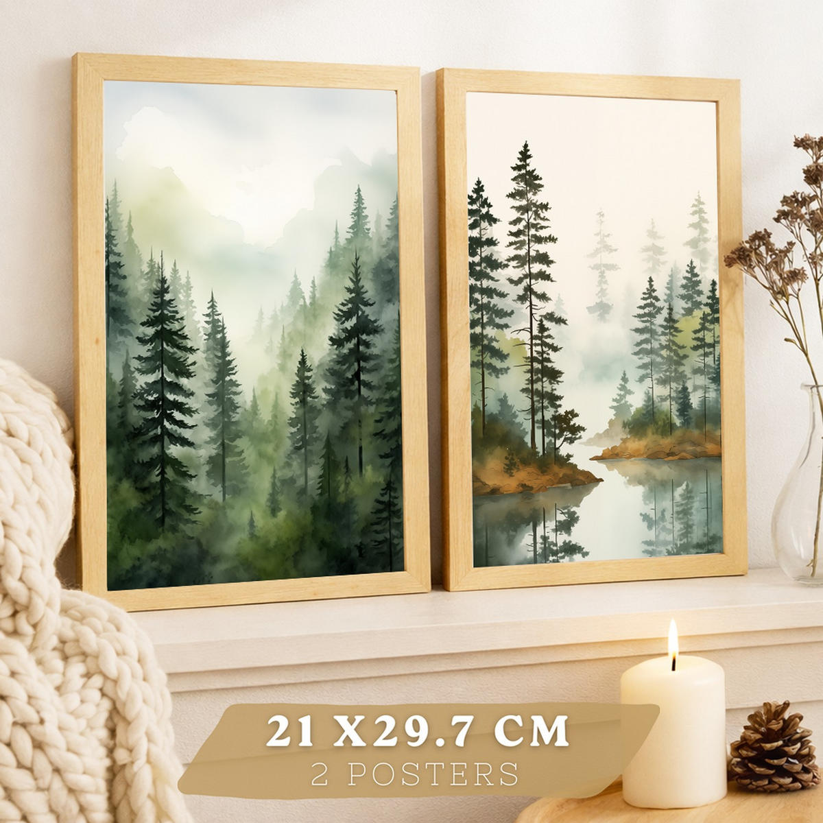 PLAKAT Sada 2 dekorativních tisků Nordic Forest Landscape Obrázky - zelené a hnědé dekorativní plakáty A4 světlý dřevěný rám - béžová, papír (29.7/42/3cm)