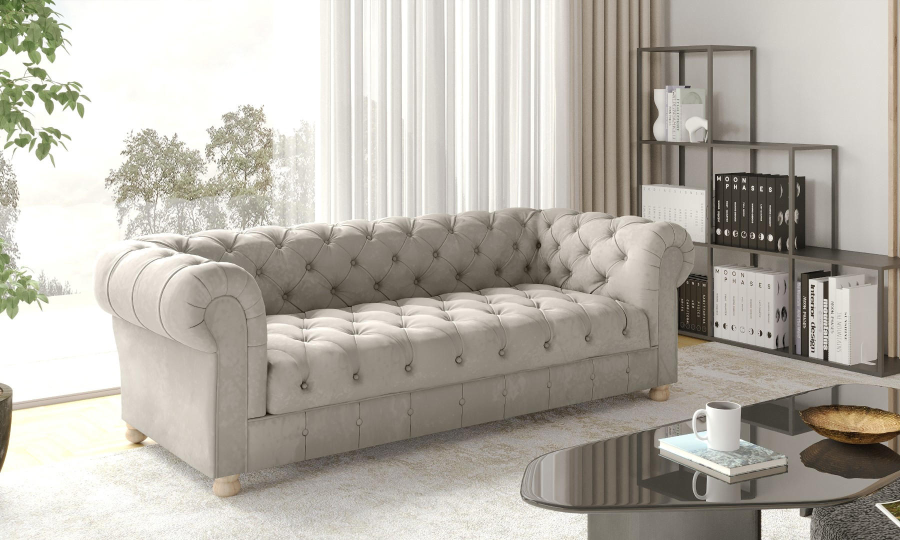 SOFA CHESTERFIELD Elegant Klassisch Schick Stoff Whisper Velours Creme - Creme, Holz/Textil (202/77/90cm) - Kaiser Möbel