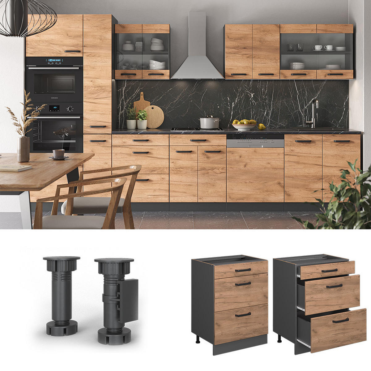 KÜCHENUNTERSCHRANK R-Line Goldkraft Eiche 60 cm mit Schubladen ohne AP - Anthrazit/Eiche Wotan, Holzwerkstoff (60/81.6/46cm) - Vicco
