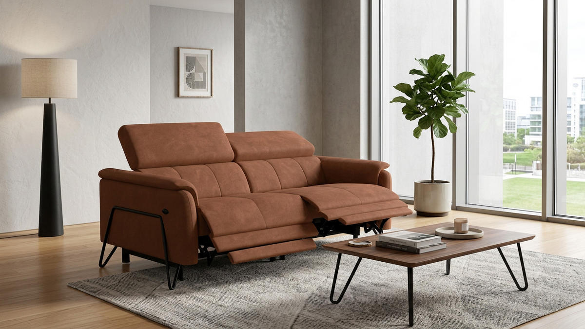 RELAXSOFA RODEN 3-Sitzer mit 2 Relax, braun, Veloursstoff - Braun, Holz/Textil (194/82/103cm) - Wozimo