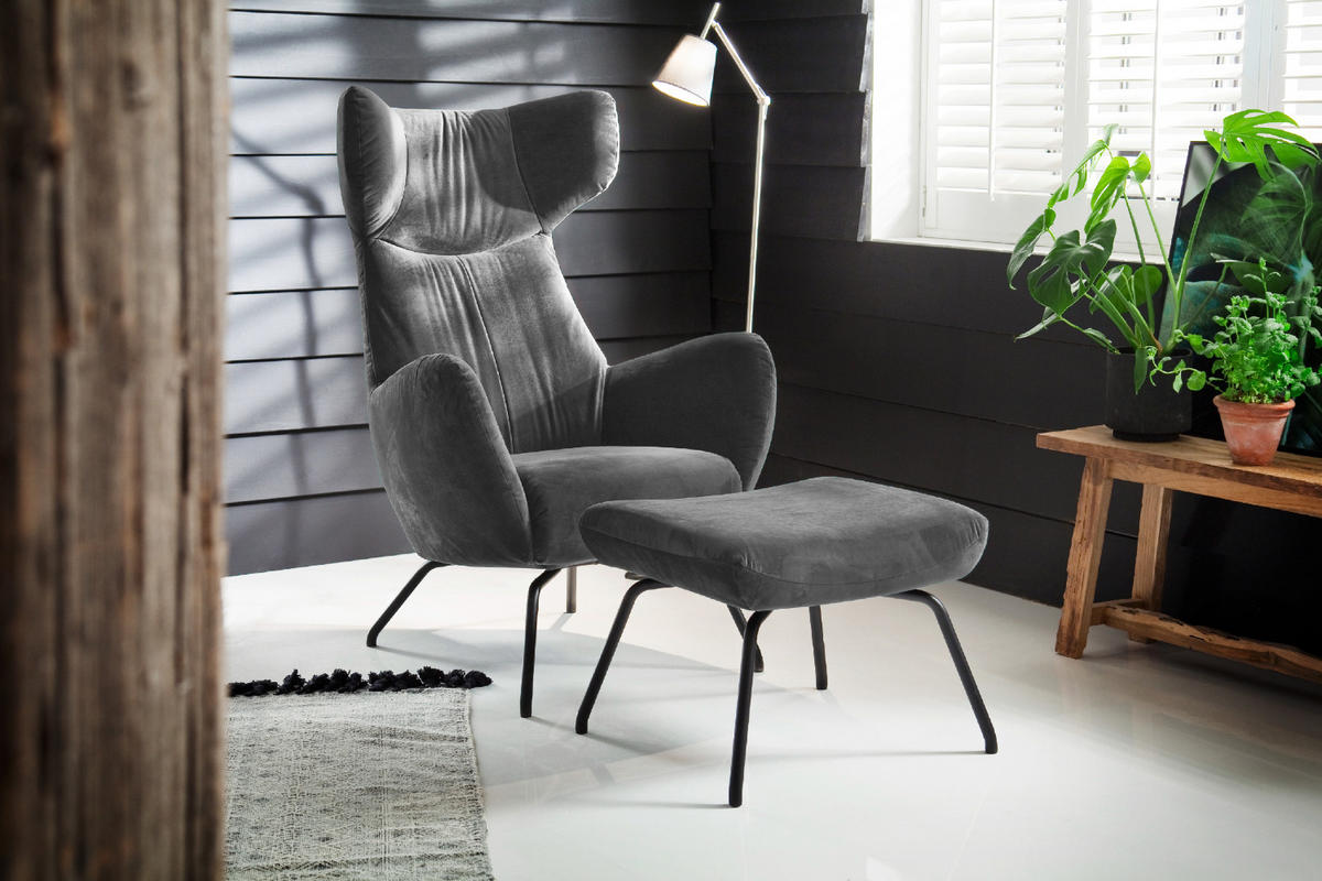 SESSEL MIT HOCKER LOTTE Grau Velvet - Schwarz/Grau, Textil (79/117/82cm) - KAWOLA