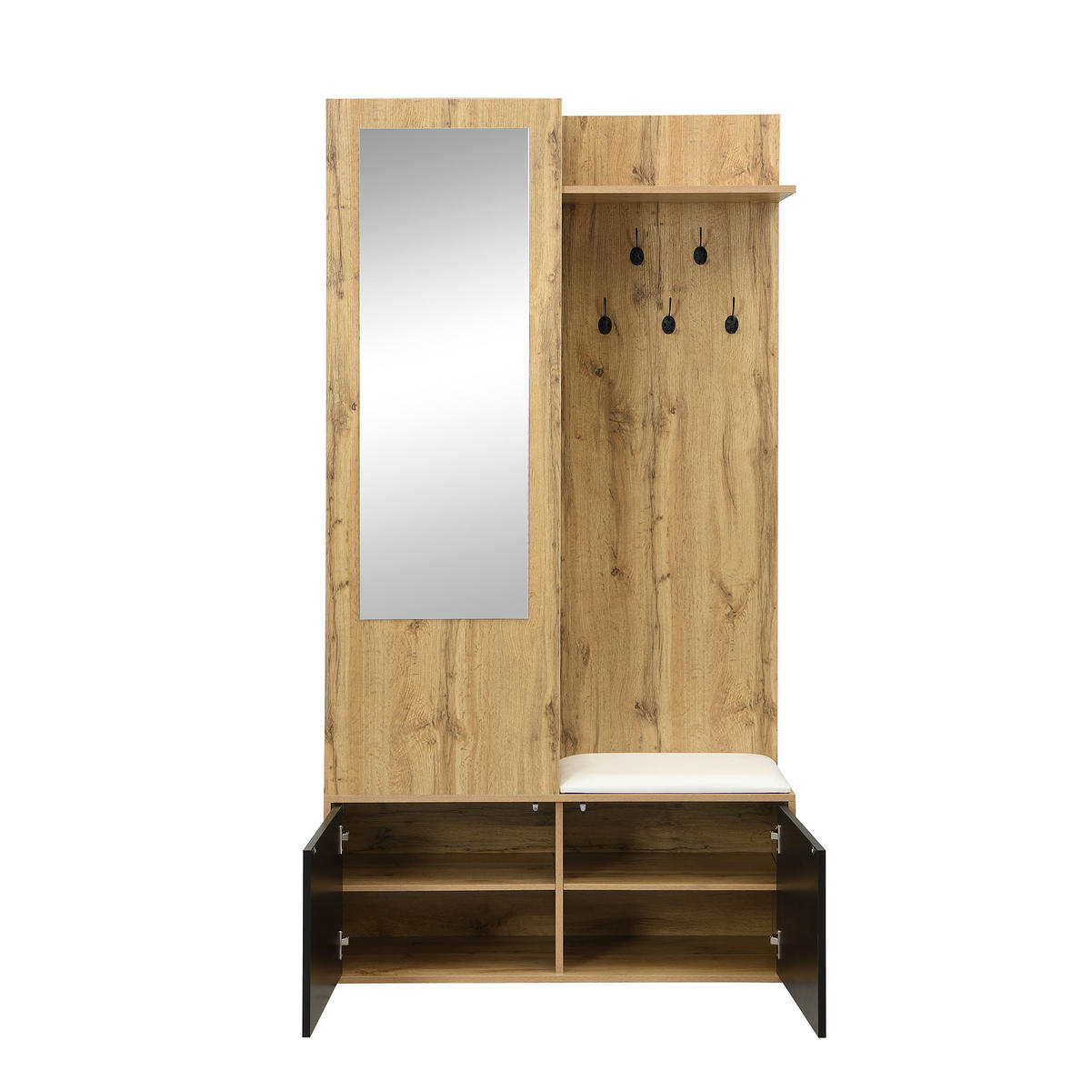 GARDEROBEN-SET 100 cm Schwarz & Natur – Kompaktgarderobe mit Spiegel, Schuhbank & versteckter Kleiderstange - Naturfarben, Holzwerkstoff (100/191/38cm) - Urban Meuble