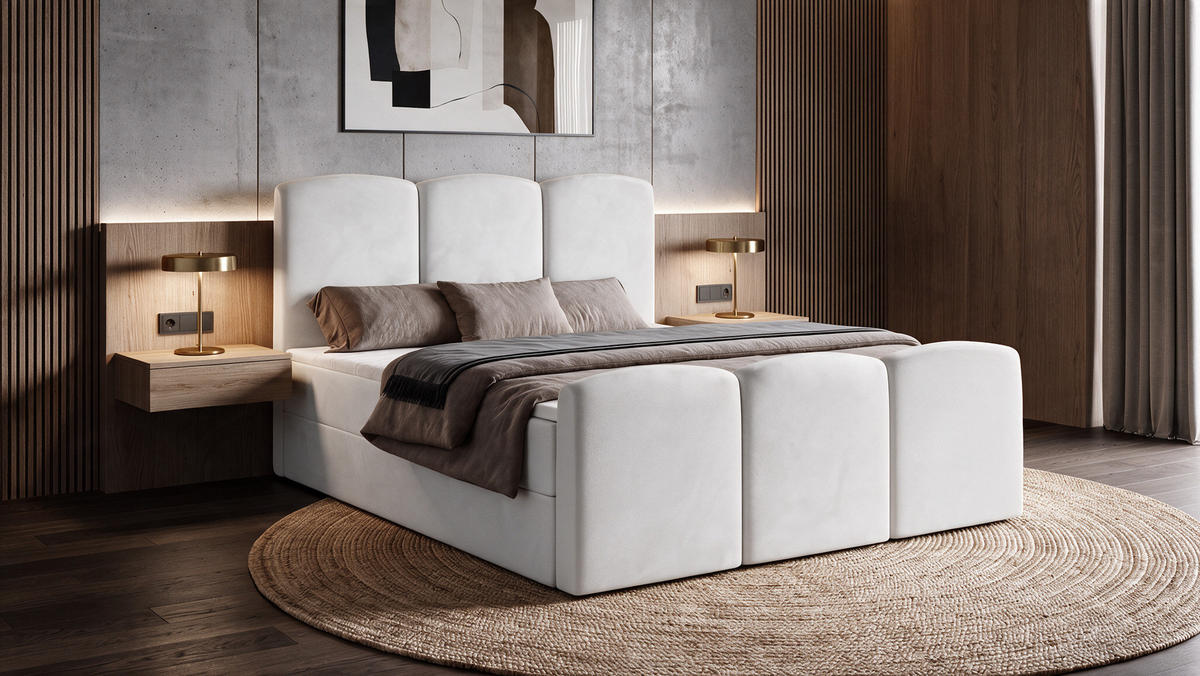 BOXBETT SAVIO 180x200 cm mit Bettkasten, Bonell-Matratze H3 und Topper – Samt Weiß - Weiß, Textil (180/200cm) - Luxkor24