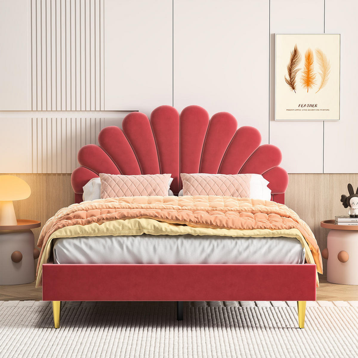 KINDERBETT 140x200 cm mit Lattenrost & Blumen-Kopfteil, Samt in Bordeaux, modernes Design, Komfortbett - Rot, Holz (140/200cm) - WoodenAura