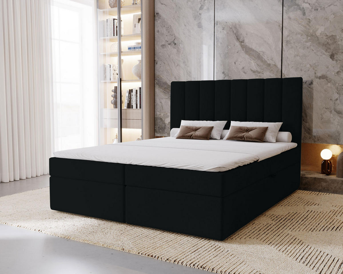 BOXBETT Nero mit 2 Bettkästen, 160x200, Schwarz, Velourstoff, Doppelbett mit Bonell-Matratze - Schwarz, Holz/Kunststoff (160/200cm) - Marpur