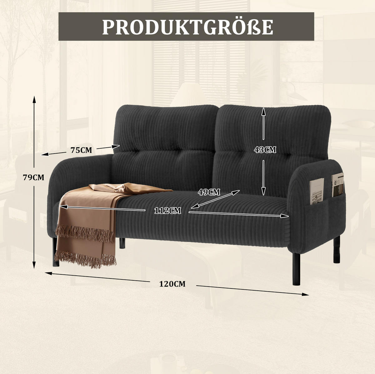 SOFA 2-Sitzer mit Seitentasche 120 x 75 x 79 cm Cord Gray - Grau, Kunststoff (120/79/75cm) - Meubliv