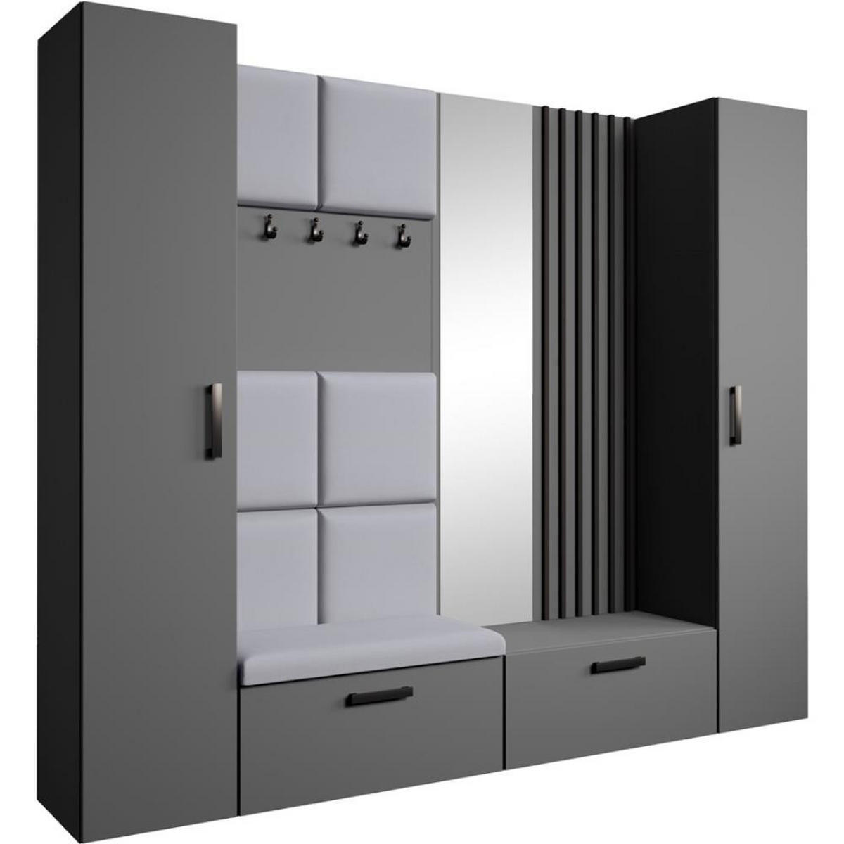 GARDEROBE Margaret XL 242/203/43 mit gepolsterten Paneelen/Lamellen/Spiegel - Schwarz/Graphitfarben, Holzwerkstoff/Kunststoff (242/203/43cm) - Beautysofa