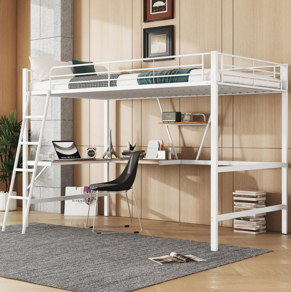 HOCHBETT 90/200 cm, Weiß mit L-förmigem Schreibtisch und Regal - Weiß, Metall (90/200cm) - MIVRAY