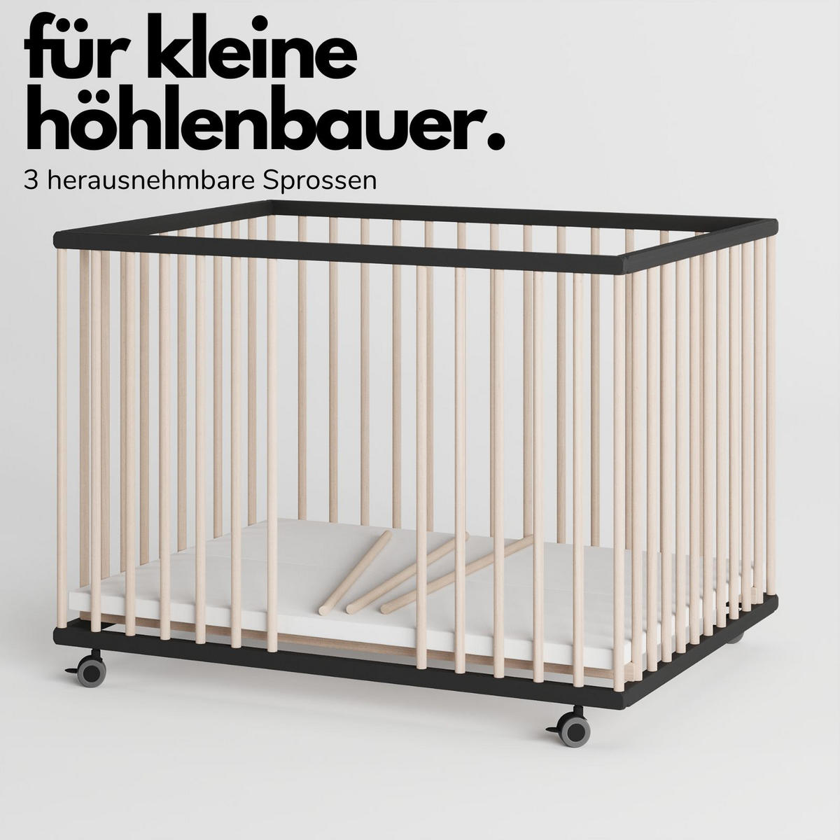 LAUFGITTER 75x100 cm mit Matratze & Schlupfsprossen - schwarz/natur - Premium Kollektion - Schwarz/Naturfarben, Holz (100/74/75cm) - Sämann – make a difference.