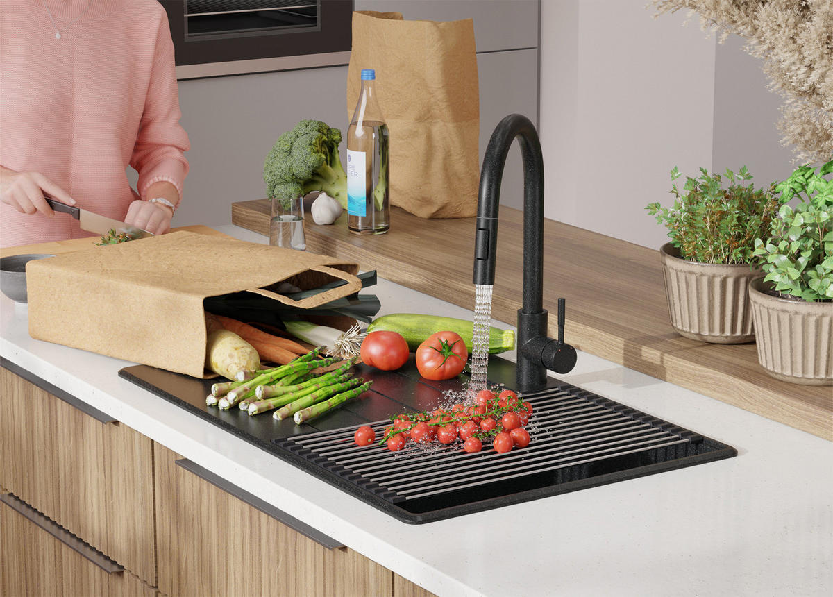 SPÜLBECKEN Kopenhagen, 2-er set Anthrazit 78/50 cm 1 Becken + Ablauf-Set + Schneidebrett ab 45er Unterschrank - Chromfarben/Anthrazit, Kunststoff (78/20/50cm) - Primagran