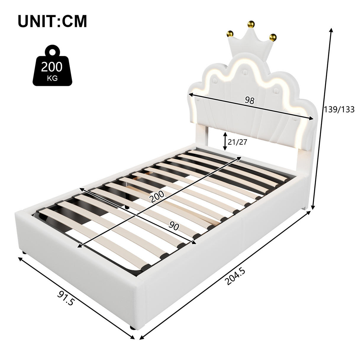 KINDERBETT 90/200 cm in Weiß aus PU mit LED-Beleuchtung und Stauraum - Weiß, Leder (90/200cm) - Flora Grace