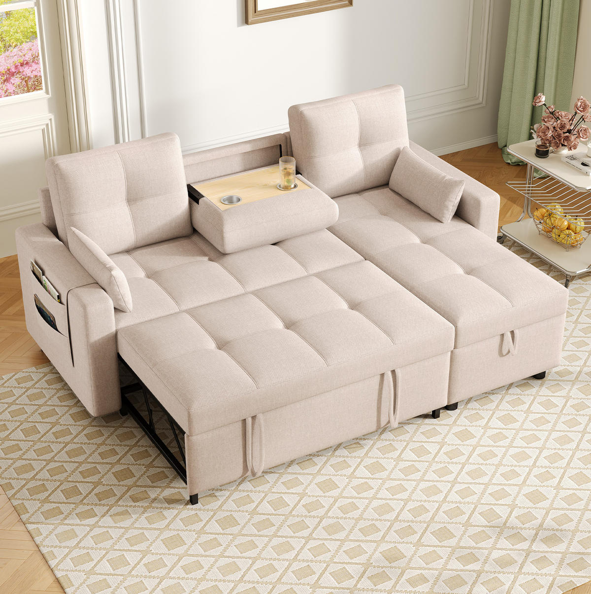 L-FÖRMIGES Schlafsofa aus Leinen mit Stauraum & Getränkehalter, 211/136/87 cm, Beige - Beige, Textil (136/87/211cm) - Redom