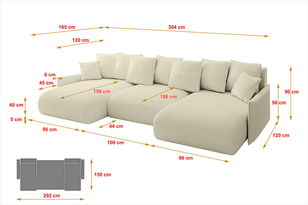 WOHNLANDSCHAFT mit Schlaffunktion und Bettkasten ONESK-U-v1 304x165x40 Beige Bouclé - Beige, Holzwerkstoff/Kunststoff (304/90/165cm) - ALTDECOR