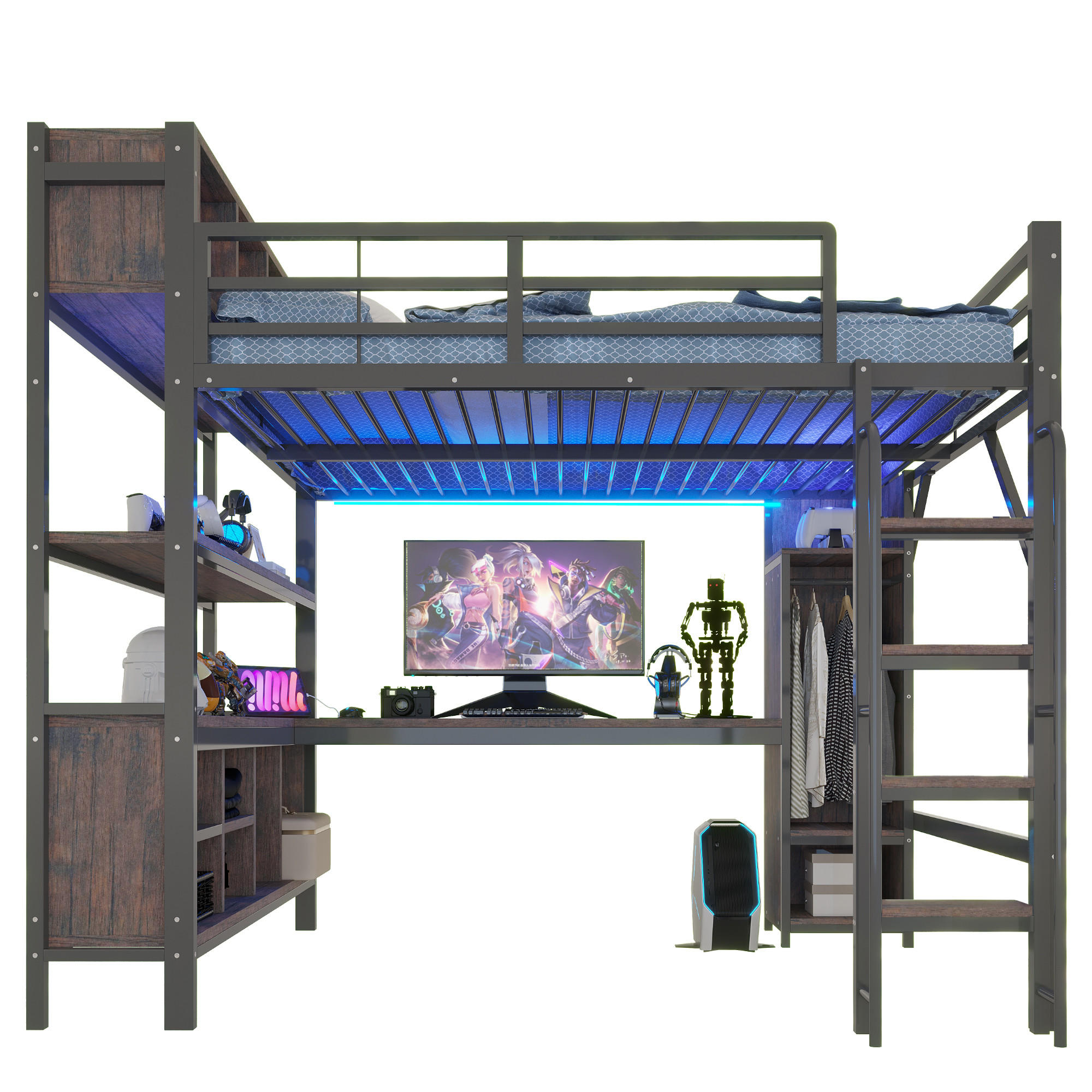 FLIEKS VYVÝŠENÁ POSTEL 140x200cm Stůl Skříň LED Černá