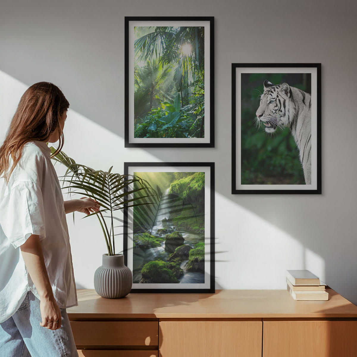 BILDER SET 3er Set - 40x60 cm Schwarzer Rahmen - Dschungeltigerwasserfall - Schwarz, Kunststoff (40/60cm) - TULUP