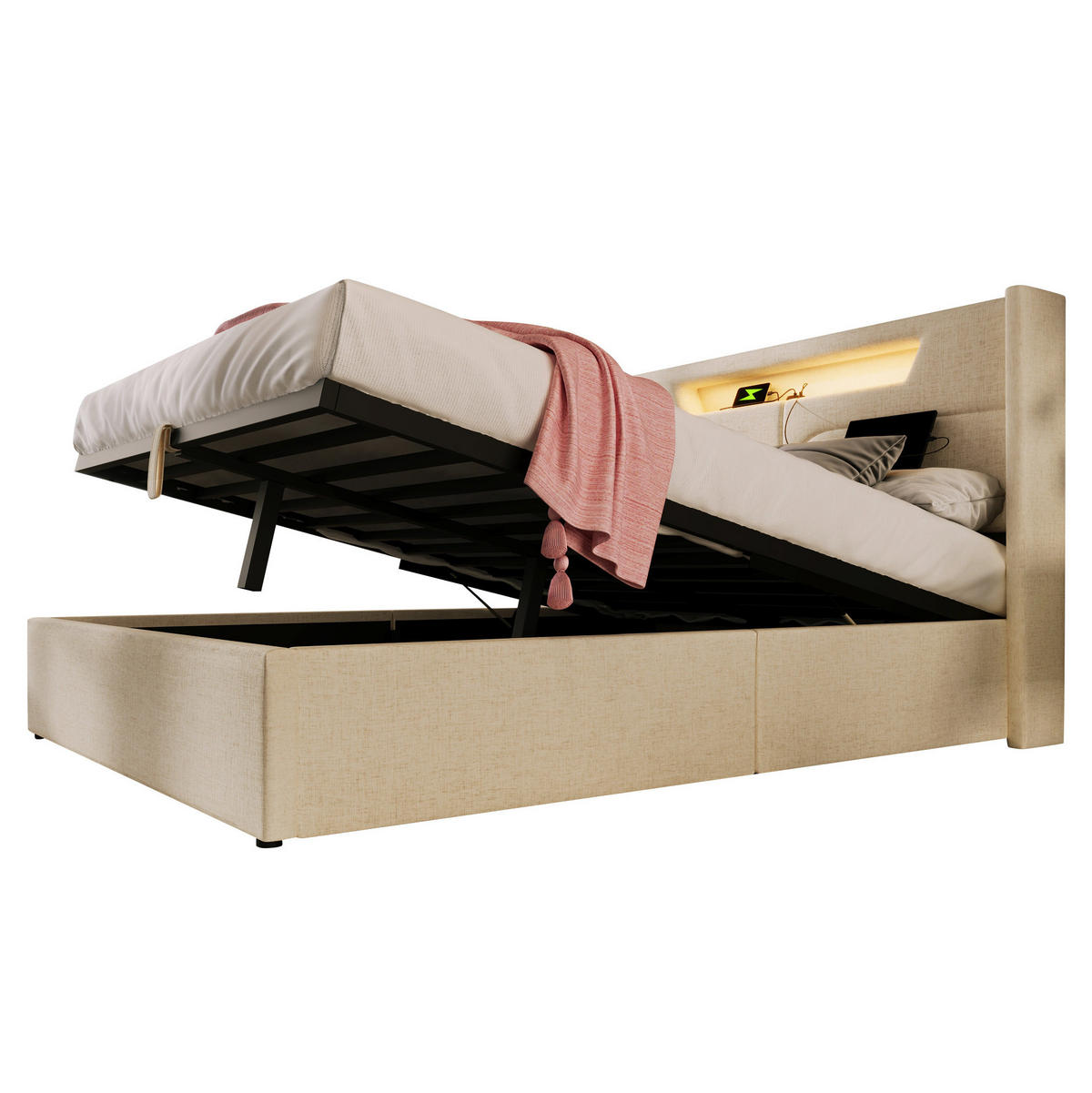 POLSTERBETT mit LED-Beleuchtung 160/200 cm mit Bettkasten, USB-C und gepolstertem Kopfteil - Beige, Textil (160/200cm) - BEAOK