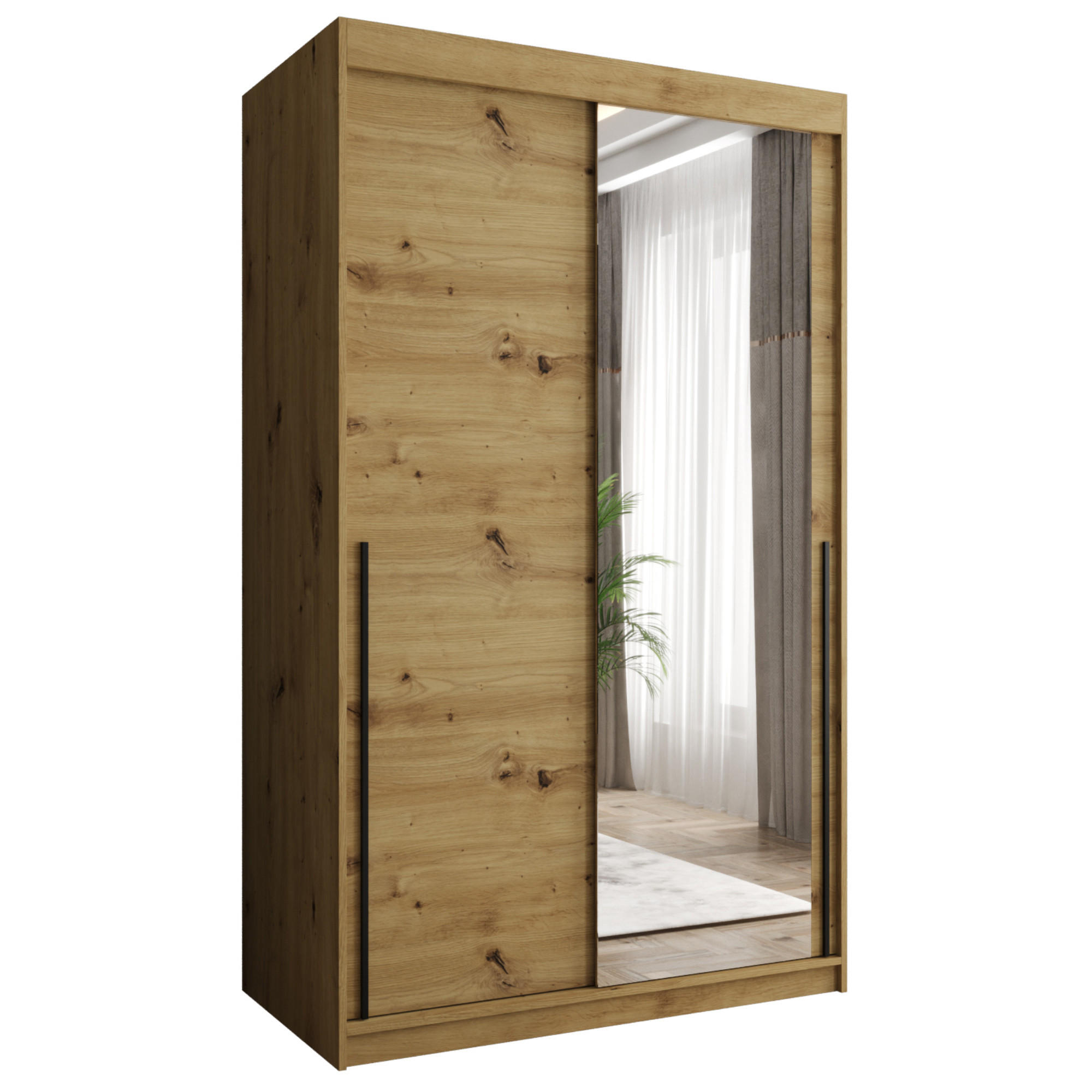 SCHIEBETÜRENSCHRANK mit Spiegel 120 cm Breite Artisan mit schwarzem Griff - Schwarz/Eiche Artisan, Holzwerkstoff (250/200/62cm) - Home Collective