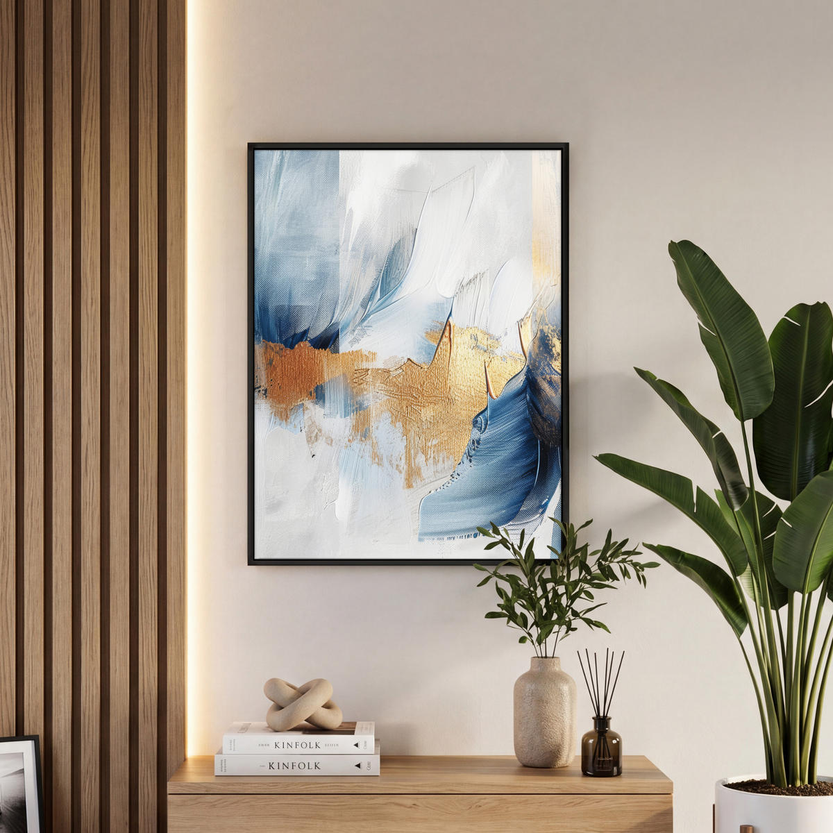LEINWAND Bilder mit Rahmen - Gold - Blau - Aquarell - Kunst - Modern - 60x80 - Hellblau, Textil (60/80cm) - MuchoWow