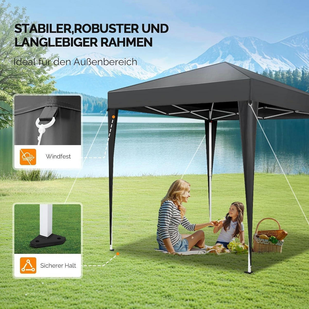 FALTPAVILLON 2 x 2 m Grau mit 4 Seitenteilen - Schwarz, Metall (200/245/200cm)
