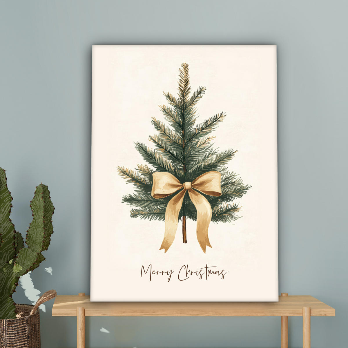 LEINWANDBILD Weihnachtsbaum - Weihnachten - Frohe Weihnachten - Beige Wandbild Wohnzimmer 60x80 cm - Sandfarben, Textil (60/80cm) - MuchoWow