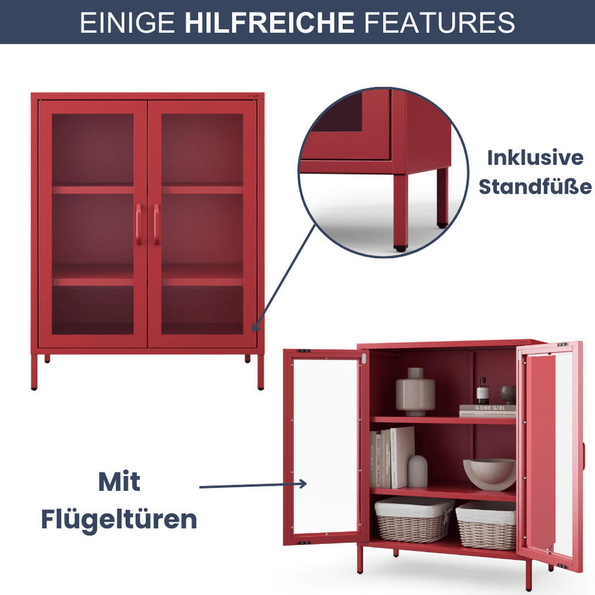 VITRINENSCHRANK Wohnzimmer klein EKER 101,5x80x40cm Rot - Rot, Metall (80/101.5/40cm) - DELUKE