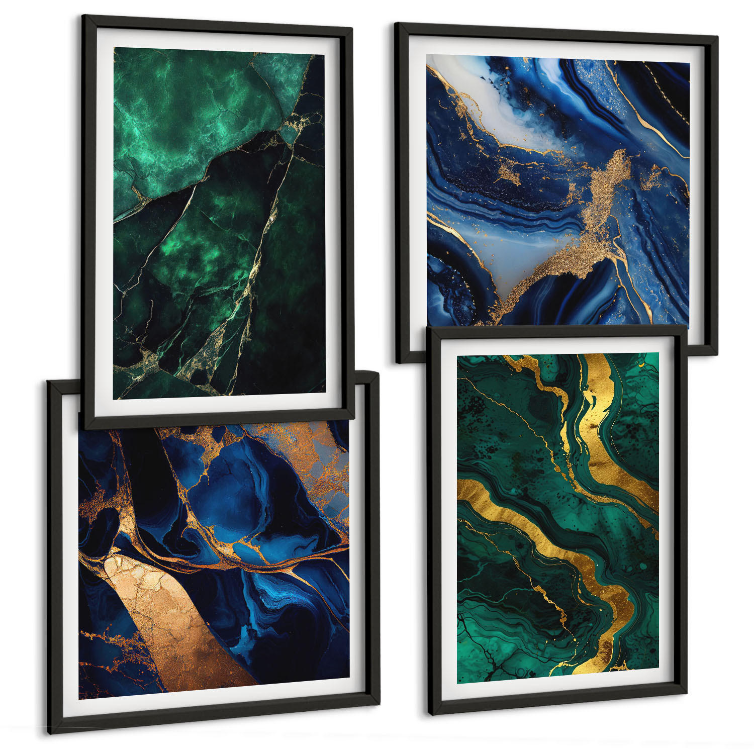 BILDER SET 4er Set - 50x50 cm & 40x60 cm Schwarzer Rahmen - Elegante Muster auf Steinen - Schwarz, Kunststoff (50/50cm) - TULUP
