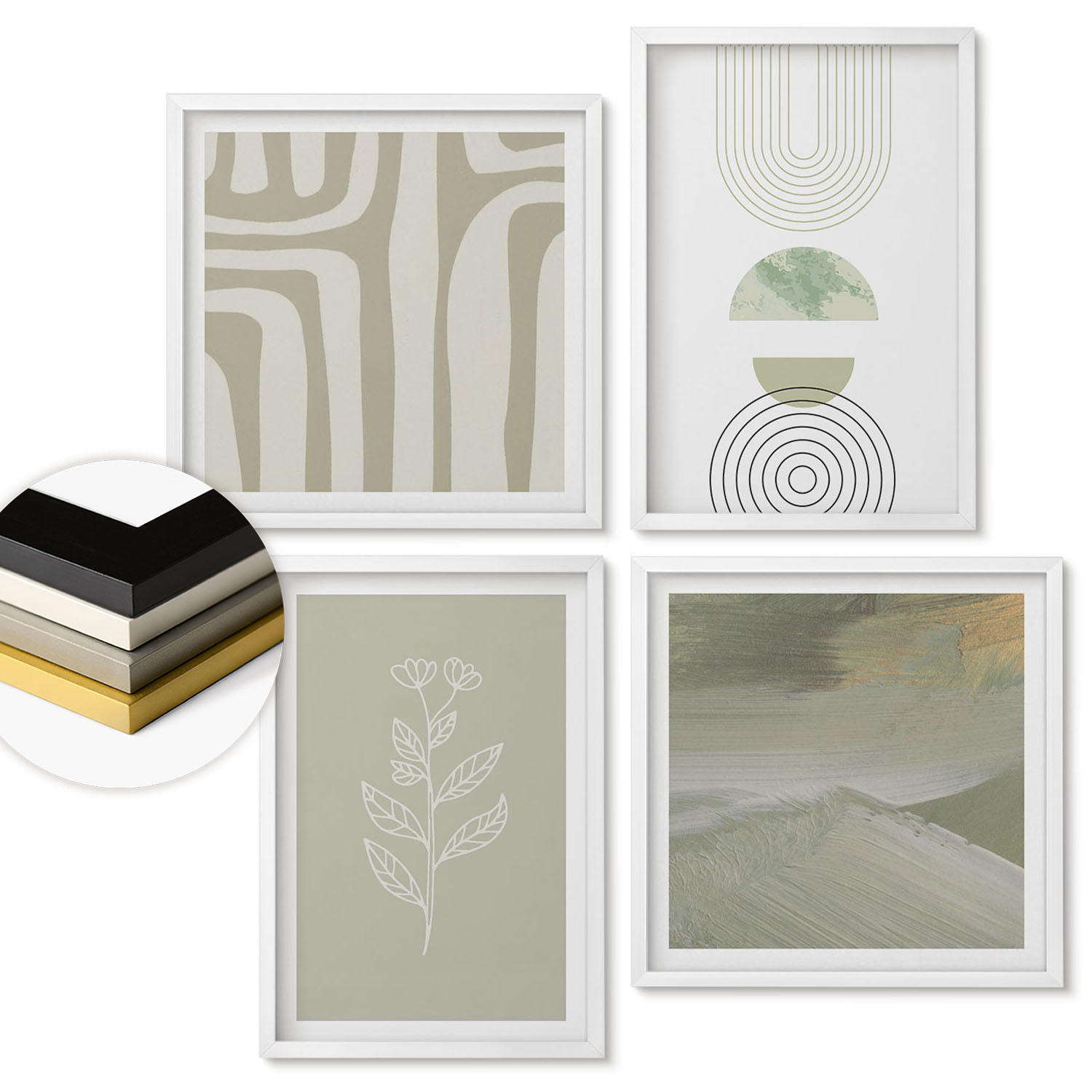 WANDBILDER 4er-Set - 50x50 cm & 40x60 cm Weißer Rahmen - Geometrische Pflanzenmuster - Weiß, Kunststoff (50/50cm) - ArtPrintCave