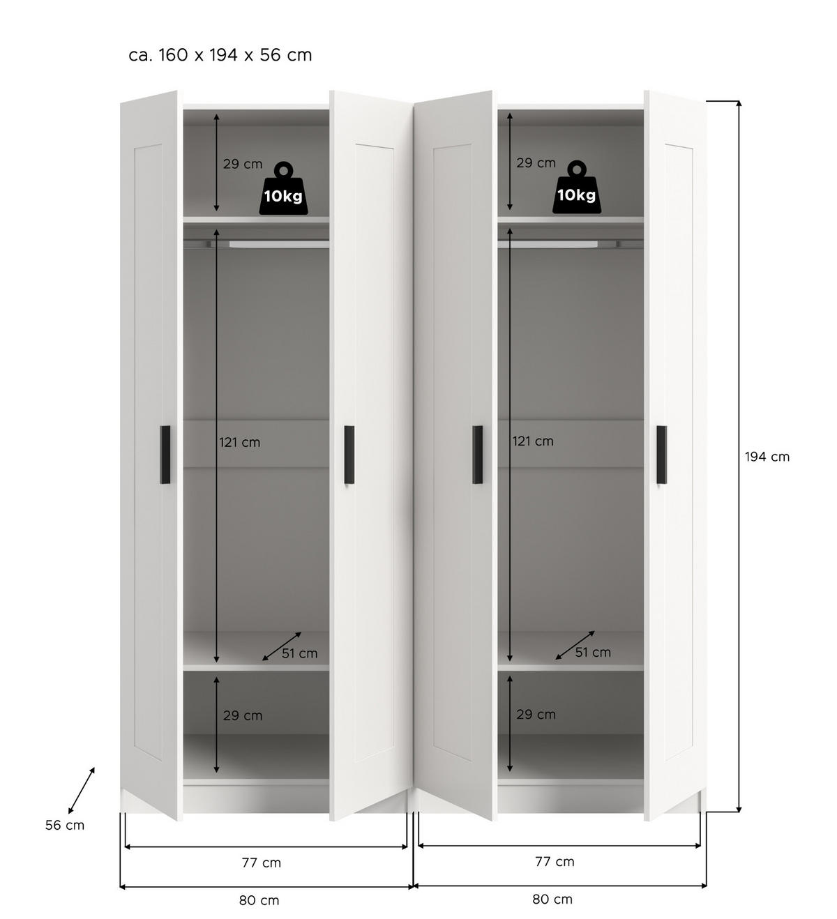 KLEIDERSCHRANK in weiß 160 x 194 cm, Drehtürenschrank 4-türig skandinavisch - Schwarz/Weiß, Holzwerkstoff/Kunststoff (160/194/56cm) - Inn.Furn