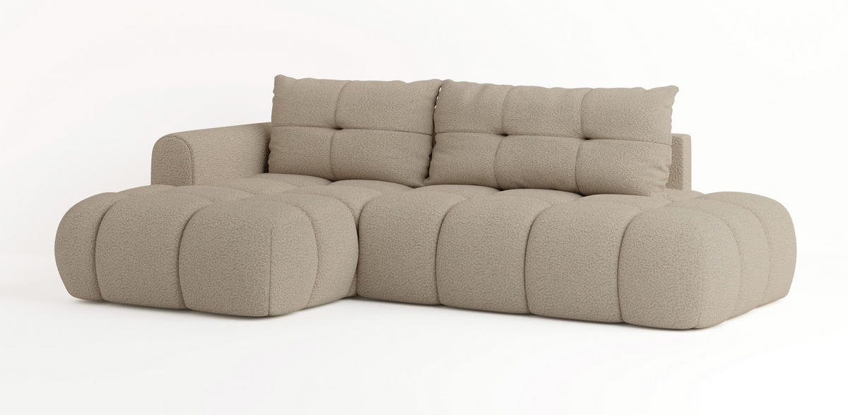 ECKSOFA FLUMA L-S Beige Boucle-Stoff mit Schlaffunktion - Beige, Holz (274/165cm) - MASSENO