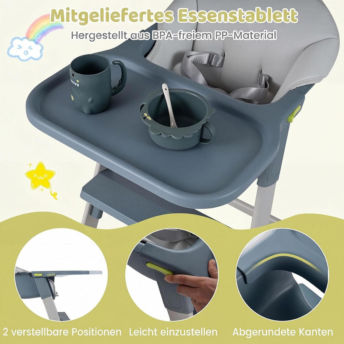 BABYHOCHSTUHL mit abnehmbarem Tablett & Sitzkissen grau - Grau, Metall (62/86/58cm) - COSTWAY