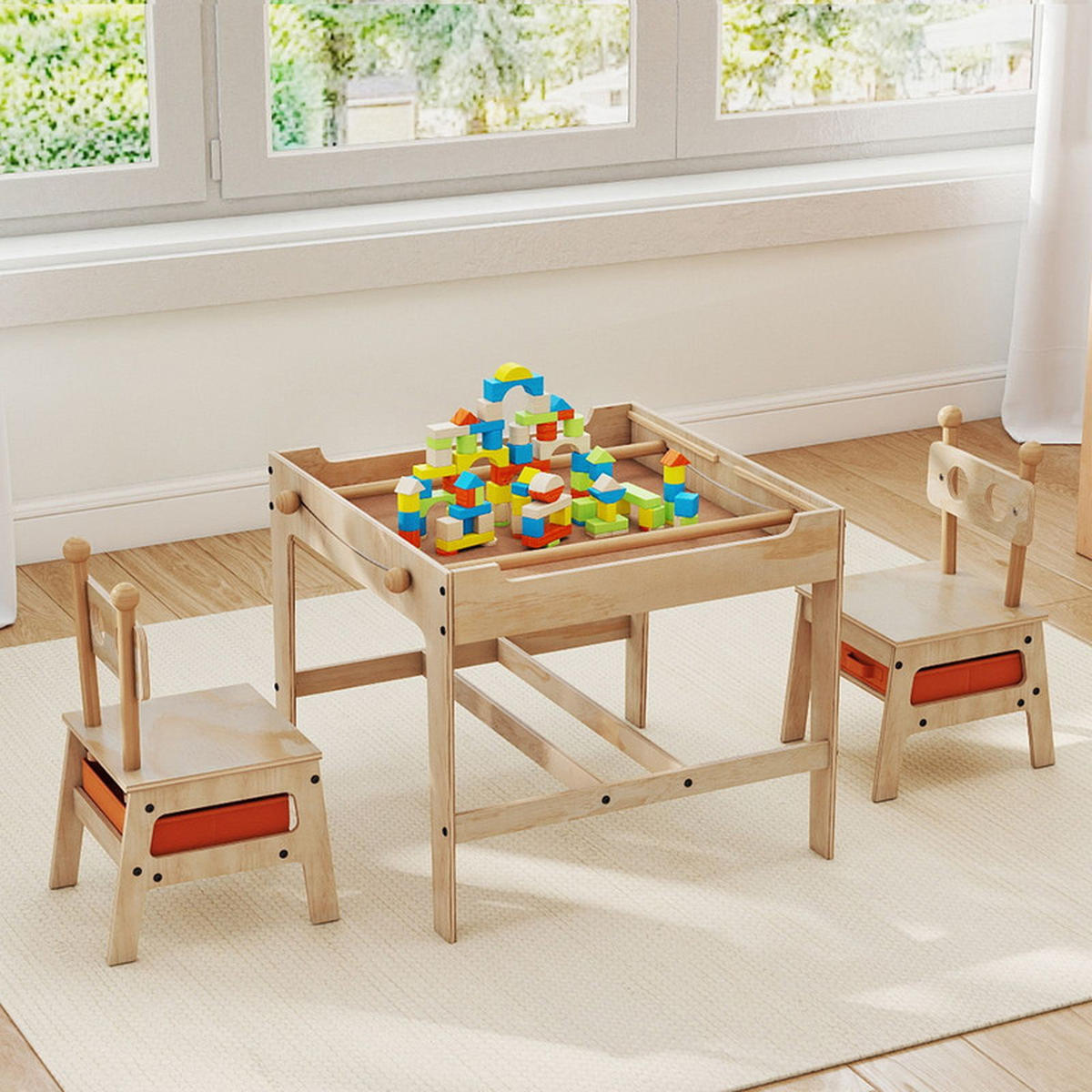KINDERTISCH mit Stühlen natur(3-tlg) - Naturfarben, Holzwerkstoff (60/49/60cm) - COSTWAY