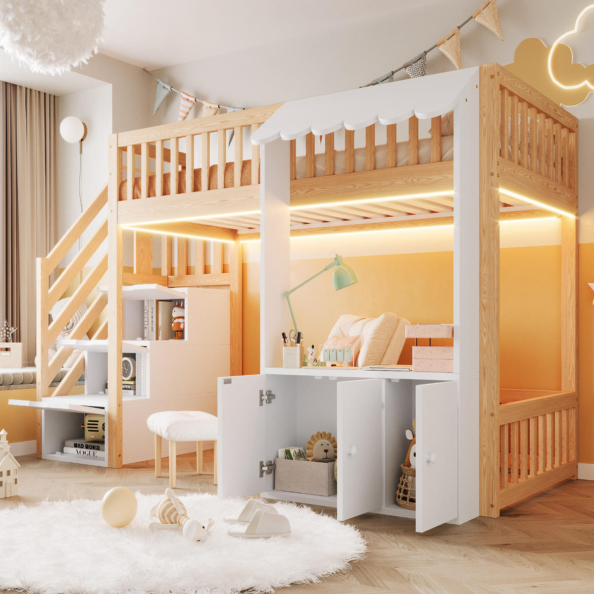 HOCHBETT 90/200 cm in Holzfarbe mit Stauraumtreppe, Stauraum und LED - Naturfarben/Weiß, Holz/Holzwerkstoff (90/200cm) - CHICFURN