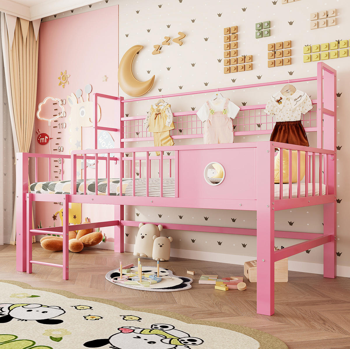 HOCHBETT niedrig 90x200 cm mit Stauraum und Kleiderstange Rosa - Pink, Metall (90/200cm) - Beauniv
