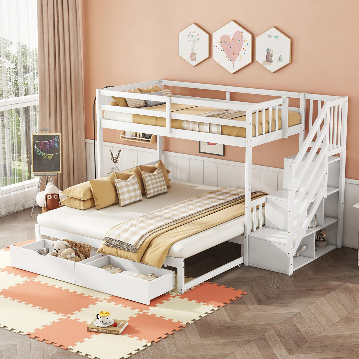 ETAGENBETT 90/200 cm Weiß mit Ausziehbett und zwei Schubladen aus Kiefernholz - Weiß, Holz (90/200cm) - OKWISH