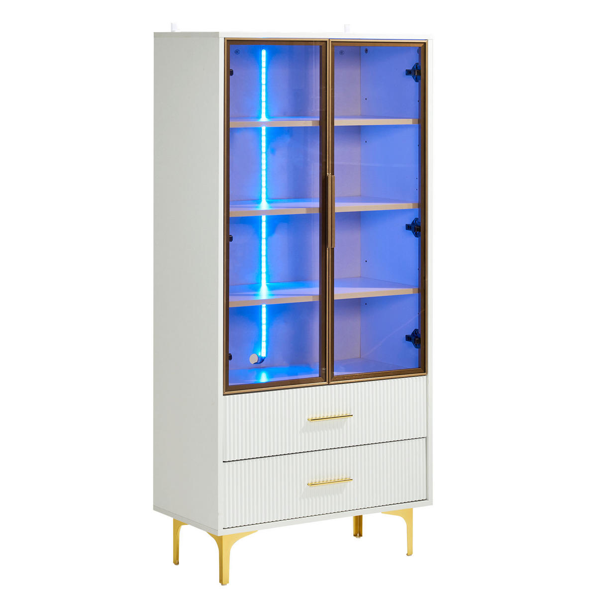 HIGHBOARD mit Glastüren 70/35/150 cm in Weiß mit LED und 2 Schubladen - Weiß, Holzwerkstoff (70/150/35cm) - BEAOK
