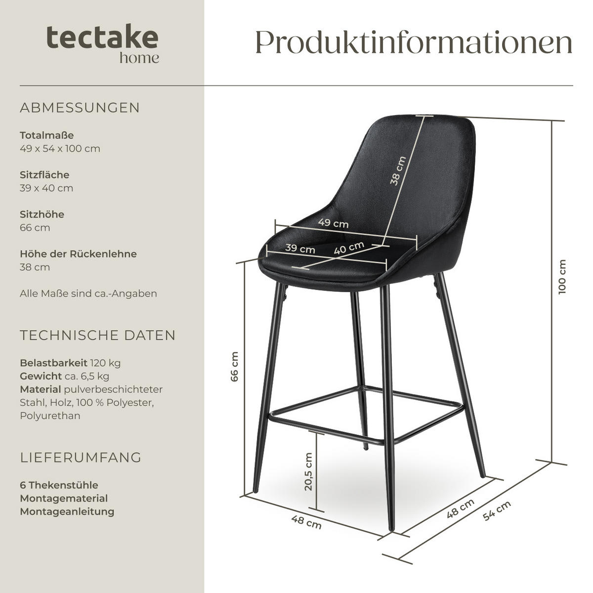 THEKENSTUHL Siera,49 x 54 x 100 cm, Belastbarkeit 120 kg,Samtoptik schwarz/schwarz - Schwarz/Samtahornfarben, Kunststoff (49/100/54cm) - tectake