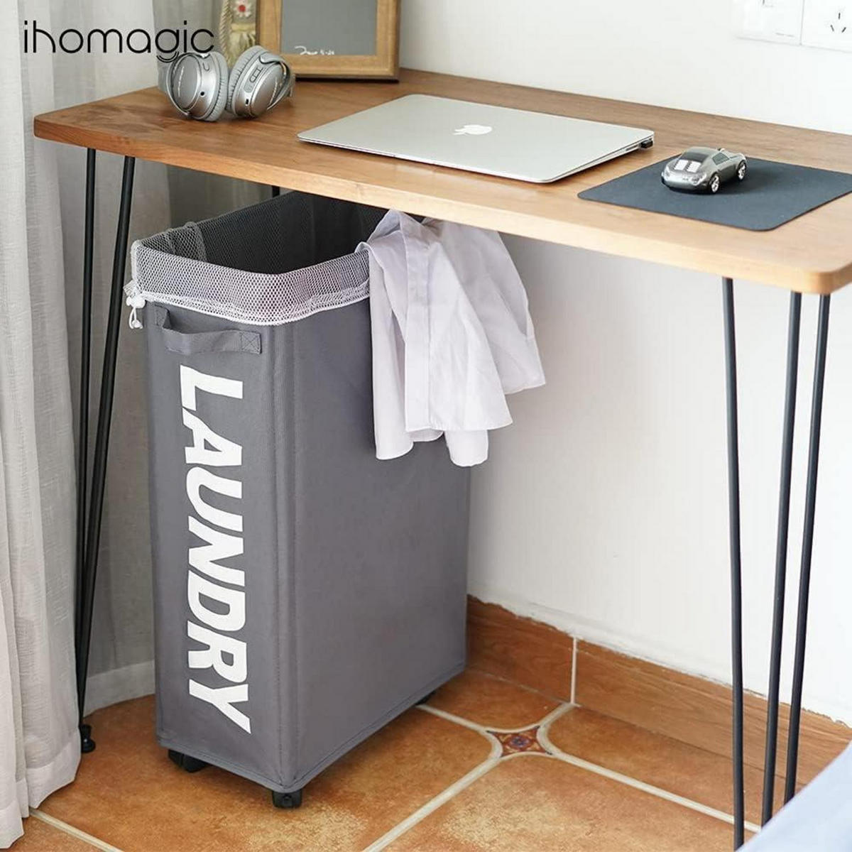 WÄSCHEKORB mit Rollen 62L Dunkelgrau - Anthrazit, Textil (22/70/41cm)