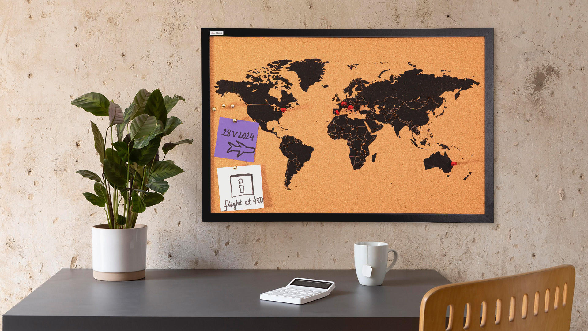 KORKTAFEL WELTKARTE, lackierter Holzrahmen, SCHWARZ, 60x40 cm - Braun, Holz (60/40/2cm) - ALLboards