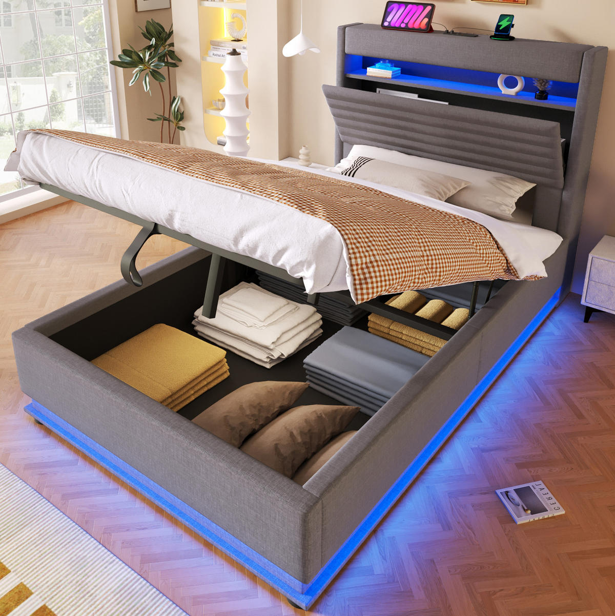 POLSTERBETT 90/200 cm mit LED-Beleuchtung, USB- und Typ-C-Anschluss, hydraulischem Stauraum und Ablage, Grau - Grau, Textil (90/200cm) - Redom